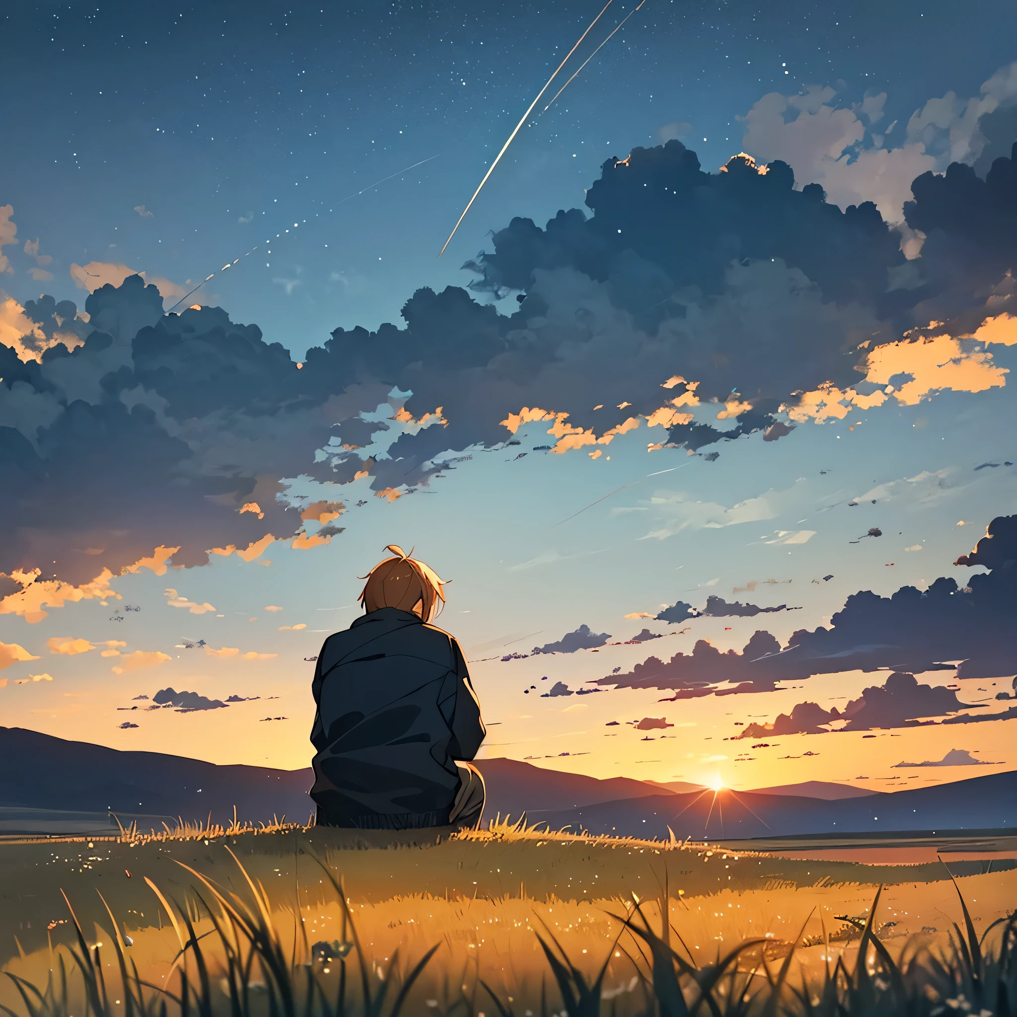 A guy sits on the grass looking at the cloudy sky where the sun is shining and the stars are falling ,((rear view)), color scheme: warm colors