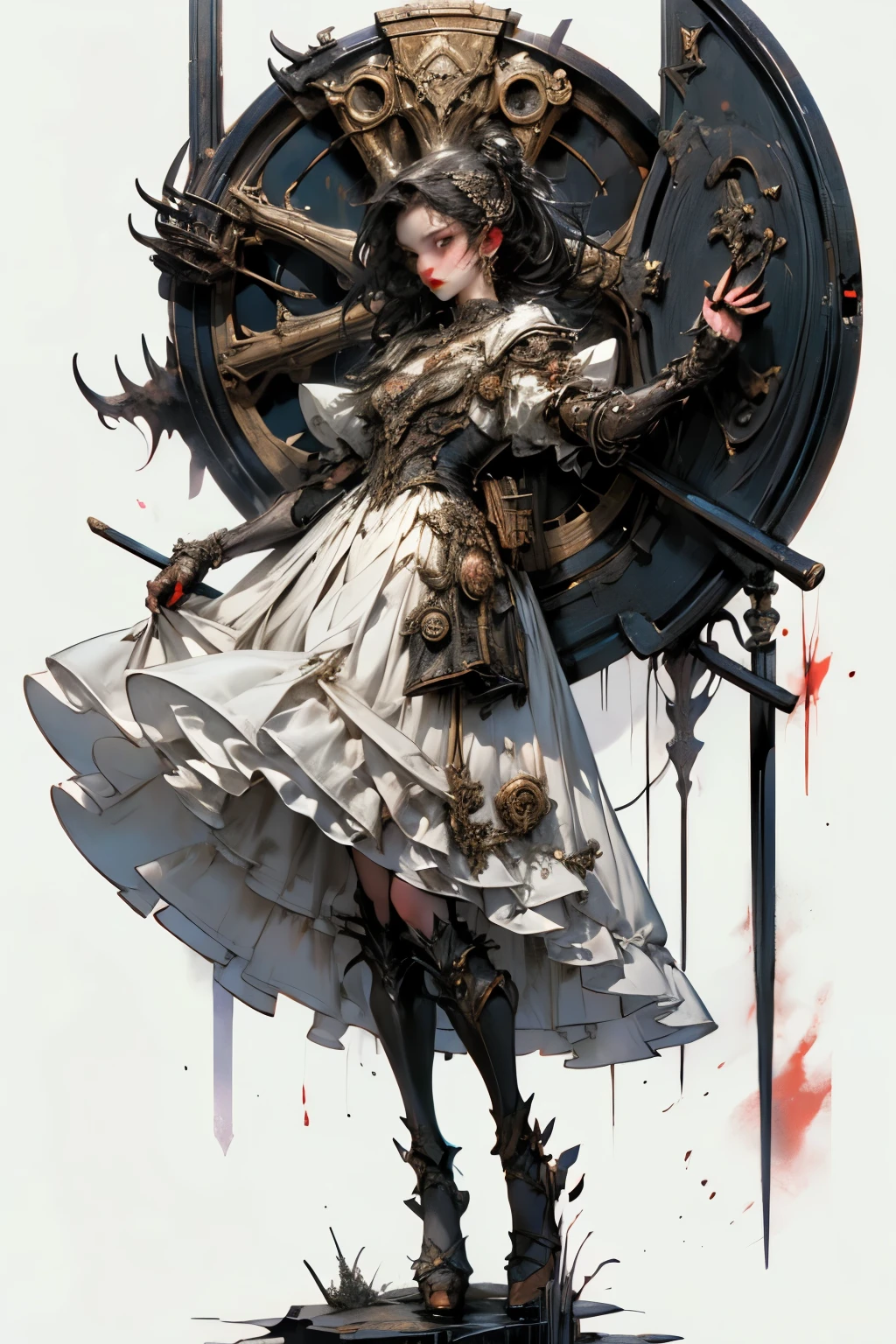 ((best quality)), ((masterpiece)), (detailed), perfect face ((best quality)), ((masterpiece)), (detailed), blank white background, plain background, white background, Bloodborne inspired, occult aesthetic, occult, detailed and intricate steampunk and detailed gothic, NSFW, Very dramatic and cinematic lighting, cosmic horror, grim-dark, side-lighting, perfect face, a beaituful goddess adorned and enshrined in armour, Bloodborne inspired , occult aesthetic, occult, detailed and intricate steampunk and detailed gothic, wielding a sword and holding a shield, NSFW, Fluttering lace flared long knee length dress with frilly petticoats, knee length dress, pleated petticoats, lolita dress, petticoats gothic lolita, side-lighting, gothic lolita aesthetic, beautiful small breasts, small breasts, full body, whole body, body, plain background, white background, blank background, no background, white background NSFW, full body, whole body, head-to-toe
