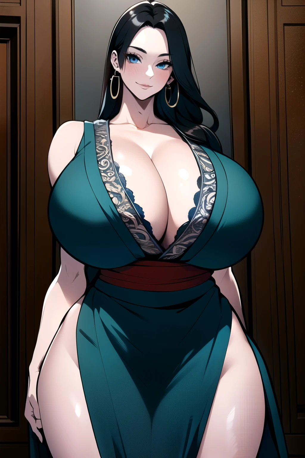 ultra realistic 8k cg, masterpiece, ((ultra detailed background,  intricate detail, highly detailed, fine details best quality, hyperdetailed face)), gigantic breasts ,beautiful lighting, absurdres, BoaHancockV2,  1girl, solo, black hair, long hair, jewelry, closed mouth, ), cleavage, short kimono, bare shoulders, curvy, midriff, curvy, thighs, shiny clothes), blue eyes, complex detailed background, indoor, palace), ((cowboy shot)), curvy, (gigantic breasts: 1.4), seductive smile, cowboy shot,, earrings, jewelry