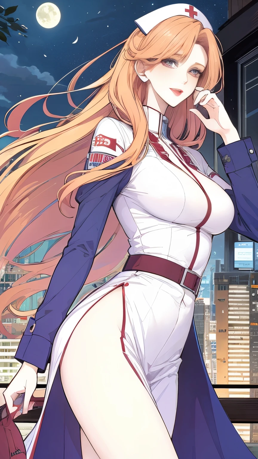 (masterpiece, best quality:1.2), 1girl, solo,mature_lady, delicate face,detail eyes,long hair, floating hair,medium breasts, standing,,nurse suit,cityscape, leaf, moon, night, night_sky, outdoors, sky, skyscraper,