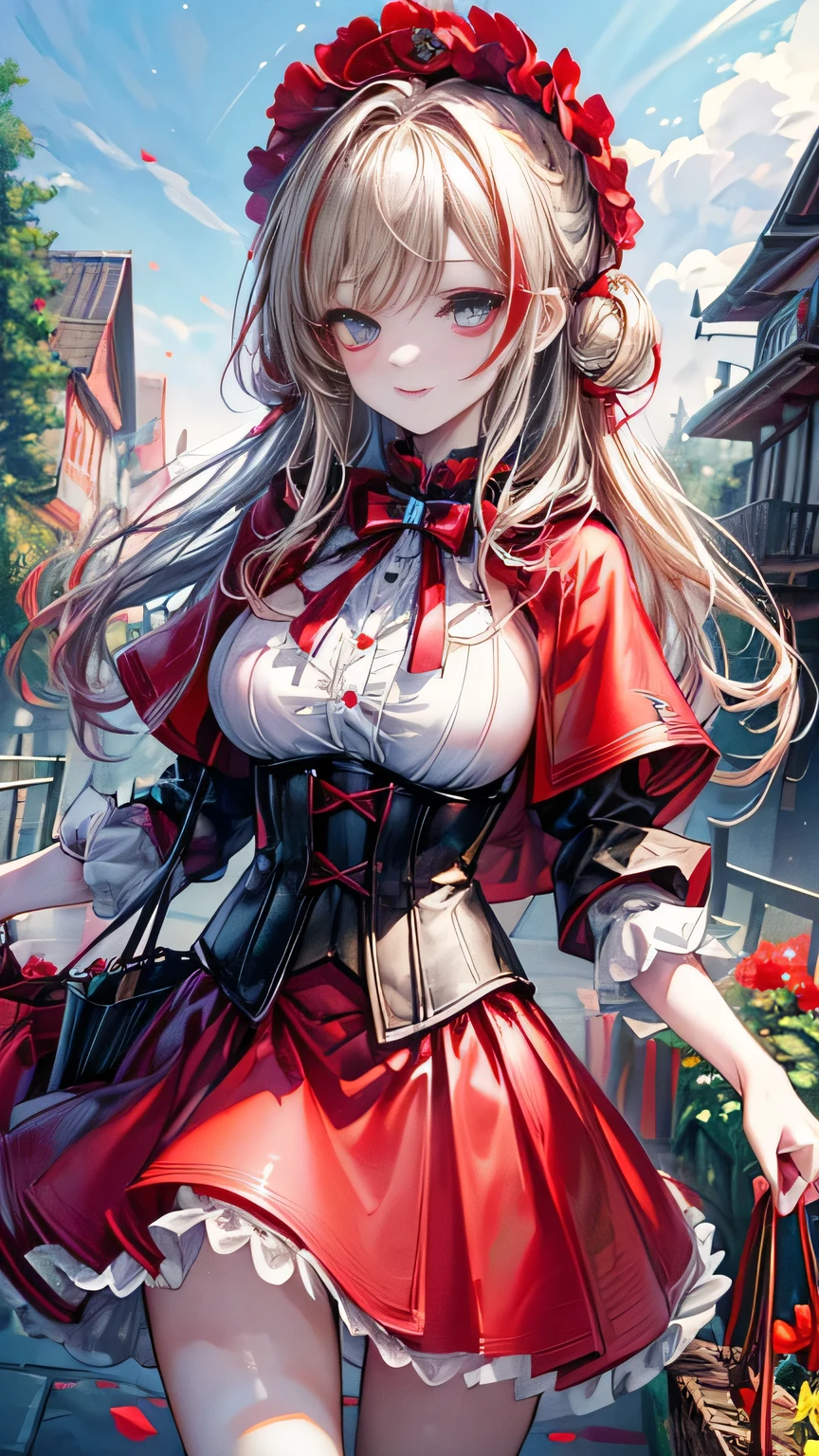 ((red ridding hood)) ((cute smile)) (()) ((blue eyes)), ((dark eyeshadows make up)) ((red lips)) ((blonde hair))((big breast)) ((slender body:1.3)) ((wears a red blouse, corset, short red skirt, red hood)) ((red cape, long socks)) ((holding on hand a basket with flowers)) ((posing on a garden with lot of flowers)), ((high definition:1.5), ((masterpiece:1.5))((8k:1.5)) ((Best quality:1.4)), more_details:-1, more_details:0, more_details:0.5, more_details:1, more_details:1.5, more prism, vibrant color,more prism, vibrant color,