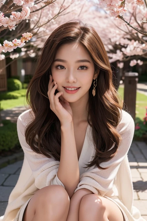 highest quality、4K、Perfect Face、Perfect Style、Sunburn、beautiful、stylish appeal、Mature、long curly layer brown hair、Swept-back hair、full body, pierce、in Japan、Bronze eyeshadow, highlighter, mascara, light foundation、beautiful legs、smile、cherrybrossam、sakura、love