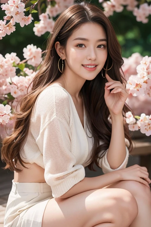 highest quality、4K、Perfect Face、Perfect Style、Sunburn、beautiful、stylish appeal、Mature、long curly layer brown hair、Swept-back hair、full body, pierce、in Japan、Bronze eyeshadow, highlighter, mascara, light foundation、beautiful legs、smile、cherrybrossam、sakura、love