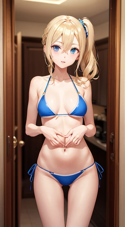 Masterpiece, highest quality, High resolution, hayasaka ai, Blonde Hair, blue eyes, Side Ponytail, whole body, Hair between the eyes, , belly button、bikini,((Very delicate body:1.3)),(Gaunt:1.3 ), (Skinny:1.3),(thigh gap:1.3)