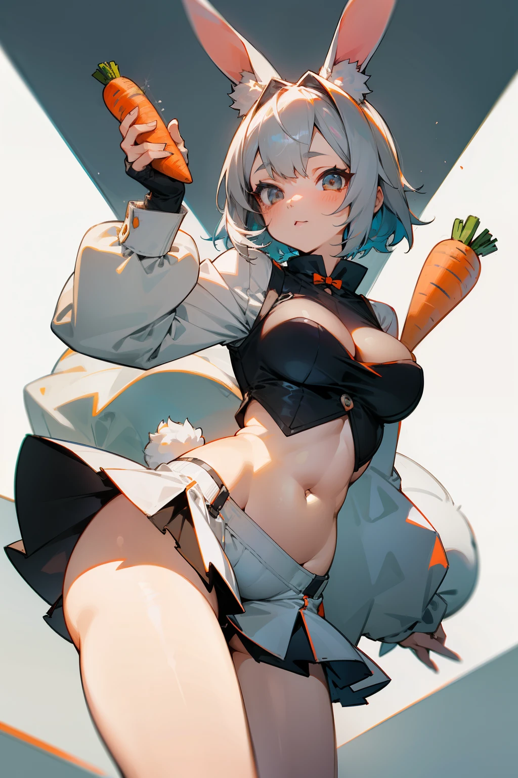 Girl, gray bunny, bunny ears, short gray hair, white paws, carrot in hand, bunny tail, big breasts, exposed belly, short skirt, cold features