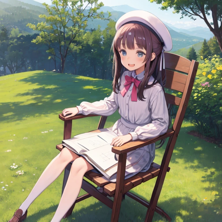 highest quality、Artist Girl、top of the hill、sketching、beret、Sit on a folding chair、laughing、