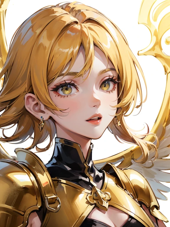 ((best quality)), ((masterpiece)), (detailed), Perfect face,, Close-up of a woman wearing a golden costume with wings, Angel golden armor, The majestic angel, angel knight girl, Final Fantasy Tactics Characters, Mysterious Atlantean Valkyrie, as a Mysterious Valkyrie, Seraph, Maple Leaf Story Character Art, With fiery golden wings, Golden Wings, April Rendering, Mysterious Valkyrie,