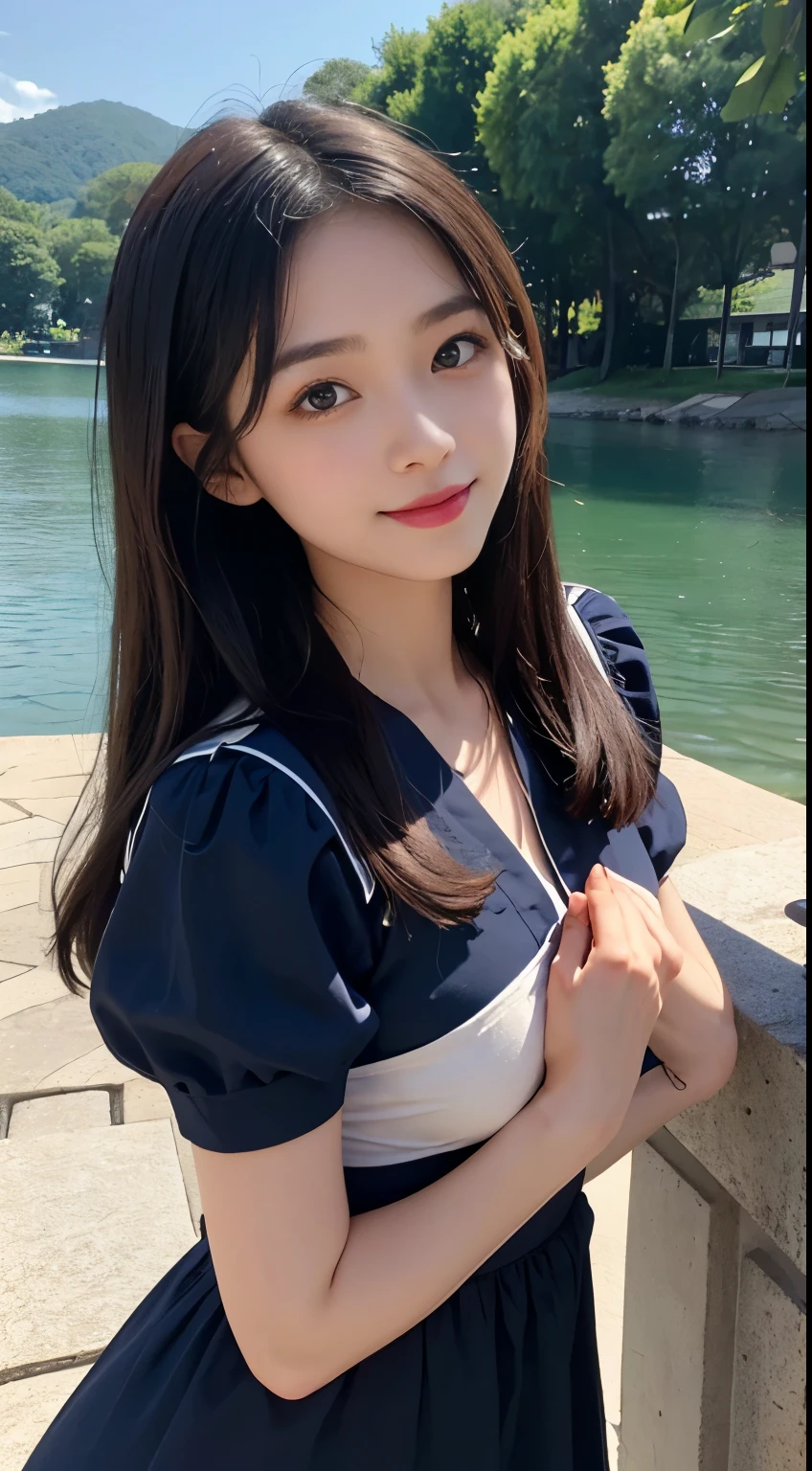 Woman standing by the lake、Beauty、Uniform eyes、20 years old、university student、Wearing a short-sleeved blouse、(((She is wearing a long navy blue dress)))、(((Wearing white panties)))、Smiling、Hands in front、Medium build、Small Bust、Viewer&#39;s gaze: Looking at the whole body from the front、, black hair, bangs, long hair, messy hair, light smile, Surrealism, cinematic lighting, tachi-e, first-person view, pov, cowboy shot, f/1.2, Nikon, UHD, best quality, highres, 8k