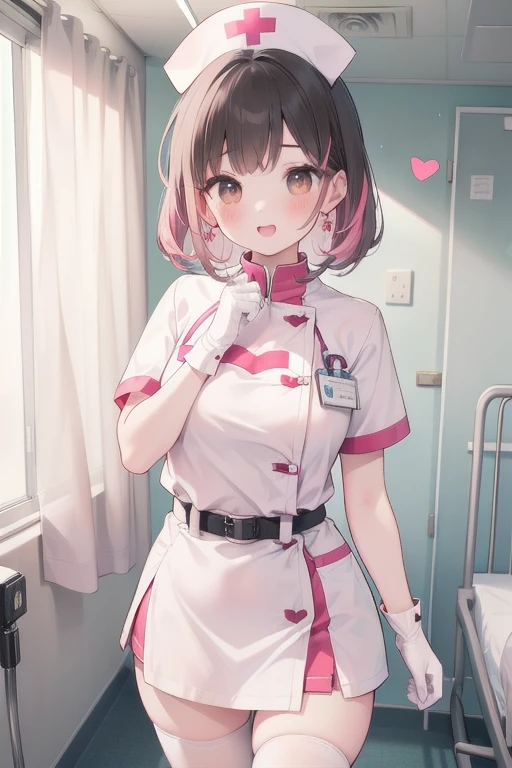 1girl, solo, nurse, nurse cap, white wear, ((white legwear, zettai ryouiki)), white gloves, pink hair, drooping eyes, ((covered nose)), standing, ((hospital room)), sharp outline, short sleeves, best quality, masterpiece,Fleshy,Brown eyes,Fleshy,Black hair,happy,lol,Heart,belt