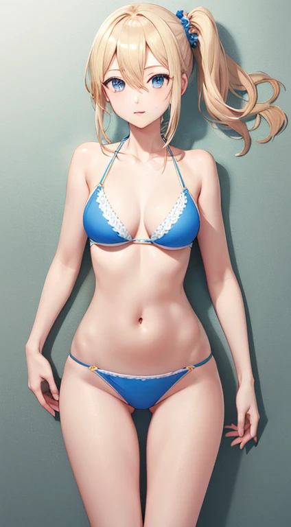 Masterpiece, highest quality, High resolution, hayasaka ai, Blonde Hair, blue eyes, Side Ponytail, whole body, Hair between the eyes, , belly button、bikini,((Very delicate body:1.3)),(Gaunt:1.3 ), (Skinny:1.3),(thigh gap:1.3)