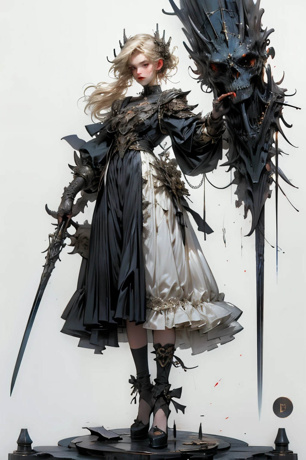 ((best quality)), ((masterpiece)), (detailed), perfect face ((best quality)), ((masterpiece)), (detailed), blank white background, plain background, white background, Bloodborne inspired, occult aesthetic, occult, detailed and intricate steampunk and detailed gothic, NSFW, Very dramatic and cinematic lighting, cosmic horror, grim-dark, side-lighting, perfect face, a beaituful goddess adorned and enshrined in armour, Bloodborne inspired , occult aesthetic, occult, detailed and intricate steampunk and detailed gothic, wielding a sword and holding a shield, NSFW, Fluttering lace flared long knee length dress with frilly petticoats, knee length dress, pleated petticoats, lolita dress, petticoats gothic lolita, side-lighting, gothic lolita aesthetic, beautiful small breasts, small breasts, full body, whole body, body, plain background, white background, blank background, no background, white background NSFW, full body, whole body, head-to-toe