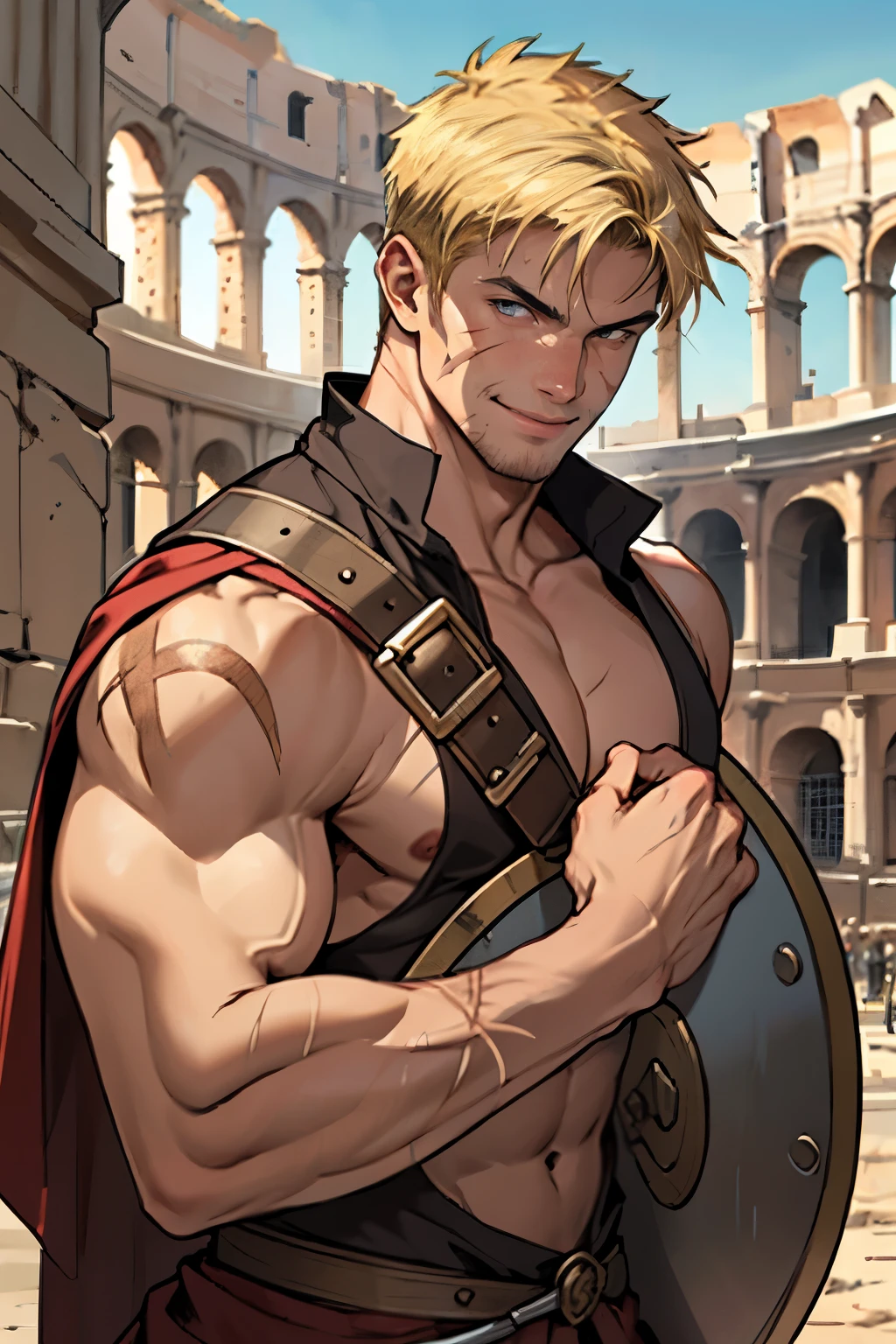 A man, adult male, ancient Roman gladiator, Topless, with scars on his body, strong, tall, bronze skin, blond hair, evil smile, ancient Roman Colosseum, masterpiece, European face, Armed with sword and shield, upper body
