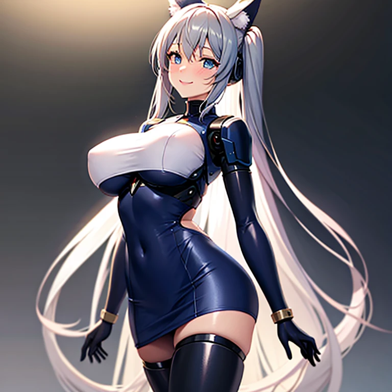 A highly detailed anime art style, a beautiful woman, solo standing:1.5, ((perfect human body)), bottomless, animal ears, bangs, blush, bodysuit, ((robotic parts)), breasts, large breasts, gray long hair, long sleeves, (looking to left), skin tight, smile, solo, twintails, very long hair, fantasy background, blak gloves, (masterpiece:1.4), (shiny skin), light blue eyes, mini skirt