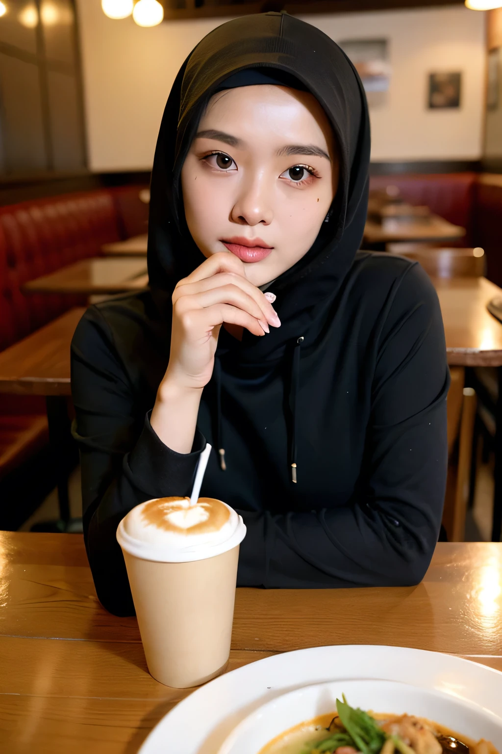 ((best quality)), ((masterpiece)), (detailed), perfect face, dating, hijab girl, beautiful, restaurant, dinner, beverage, coffee, malay, hoodie,0.5 view, big table,