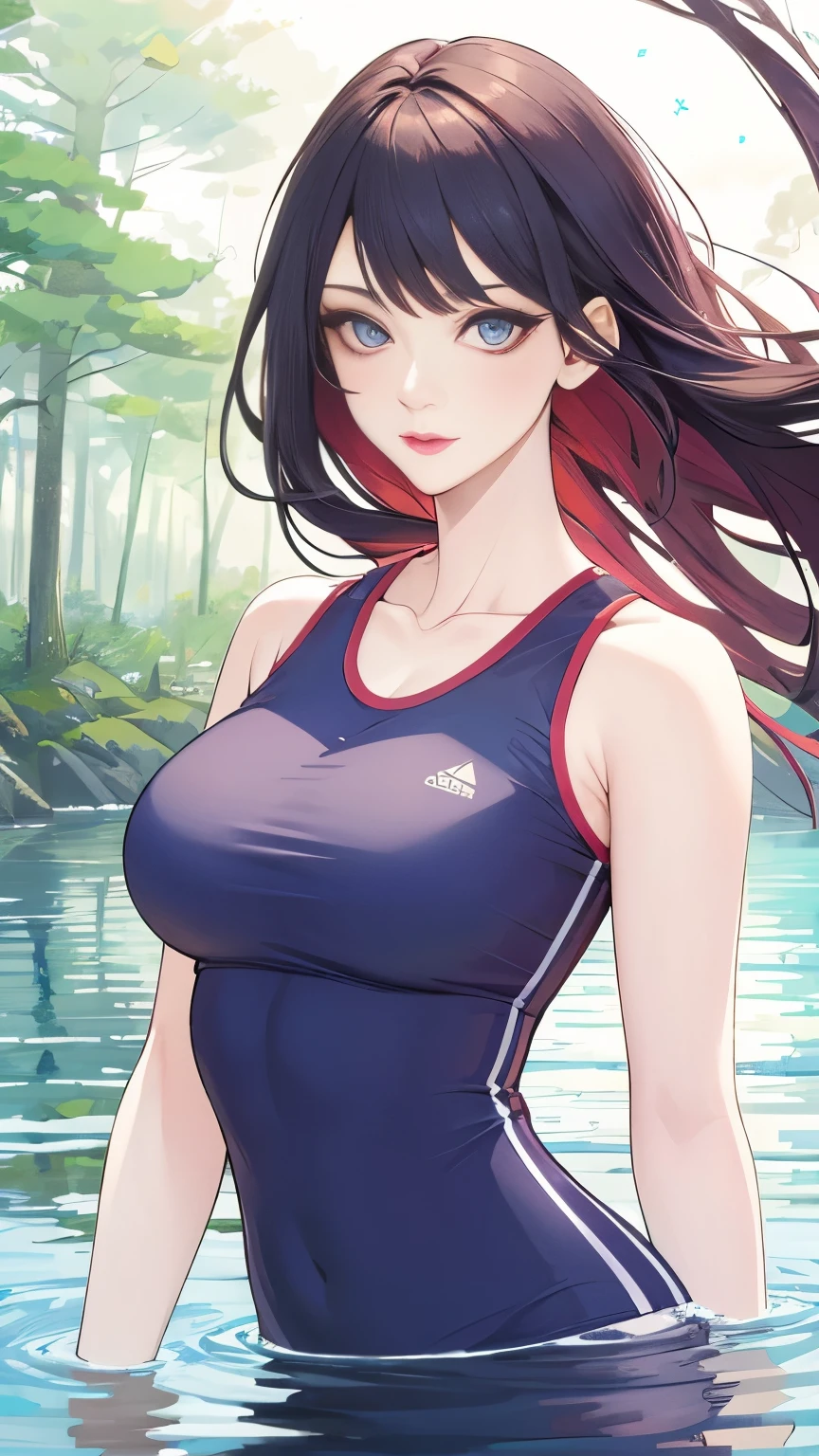 (masterpiece, best quality:1.2), 1girl, solo,mature_lady, delicate face,detail eyes,long hair, floating hair,medium breasts, upper body,,gym clothes,besides a blue lake, night sky,stars,forest,Reflections in the water,