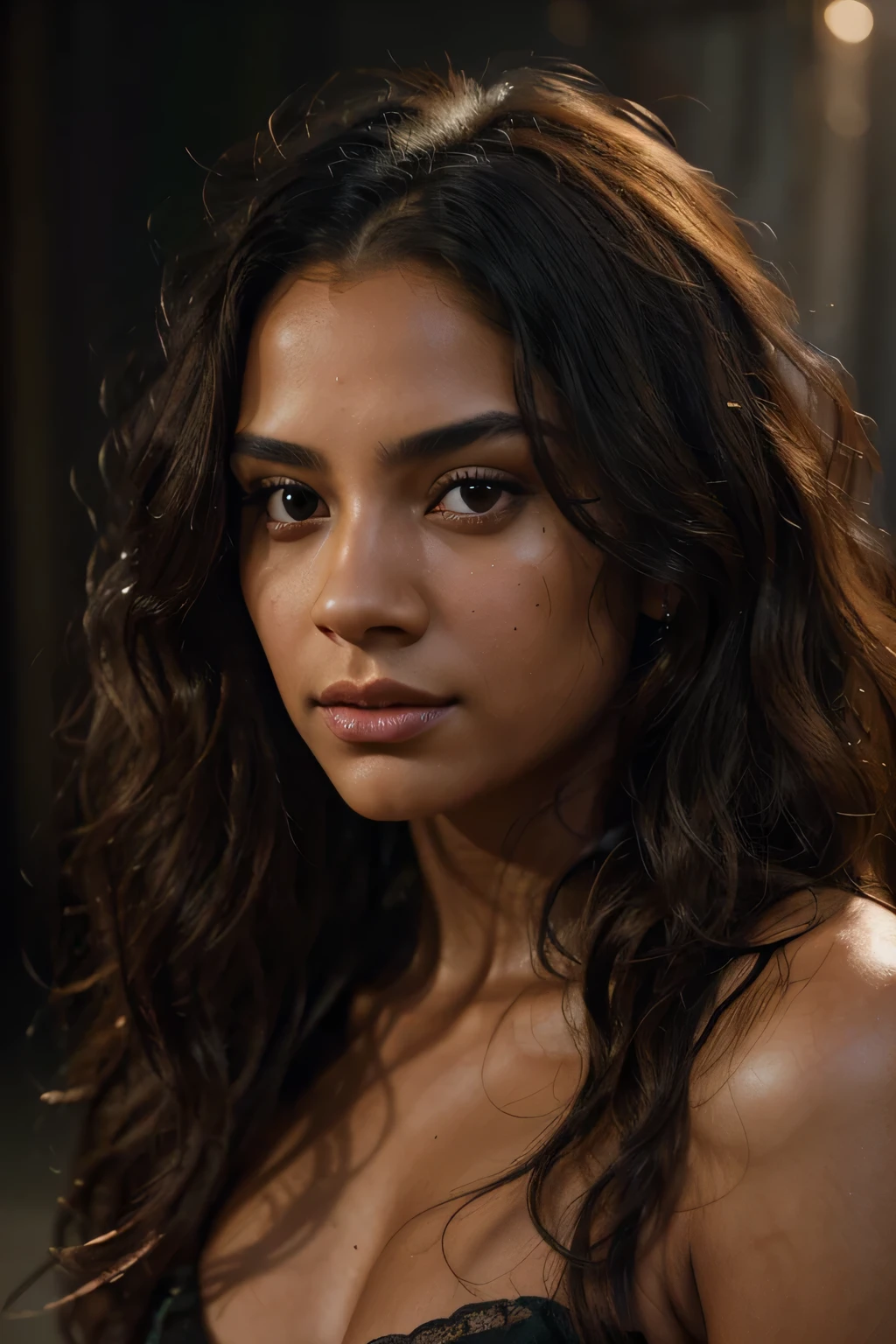a beautiful young woman with mixed skin tone, long curly hair, extremely detailed portrait, photorealistic, 8k, high quality, cinematic lighting, vibrant colors, intricate detail, painterly style, chiaroscuro, dramatic shadow and highlights, delicate facial features, piercing eyes, emotive expression, elegant pose, serene atmosphere