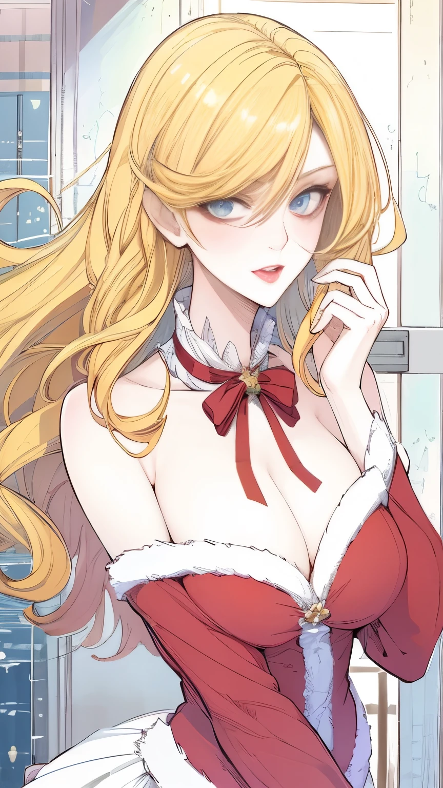 (masterpiece, best quality:1.2), 1girl, solo,mature_lady, delicate face,detail eyes,long hair, floating hair,medium breasts, upper body,,santa clothes,in a lift, in a elevator