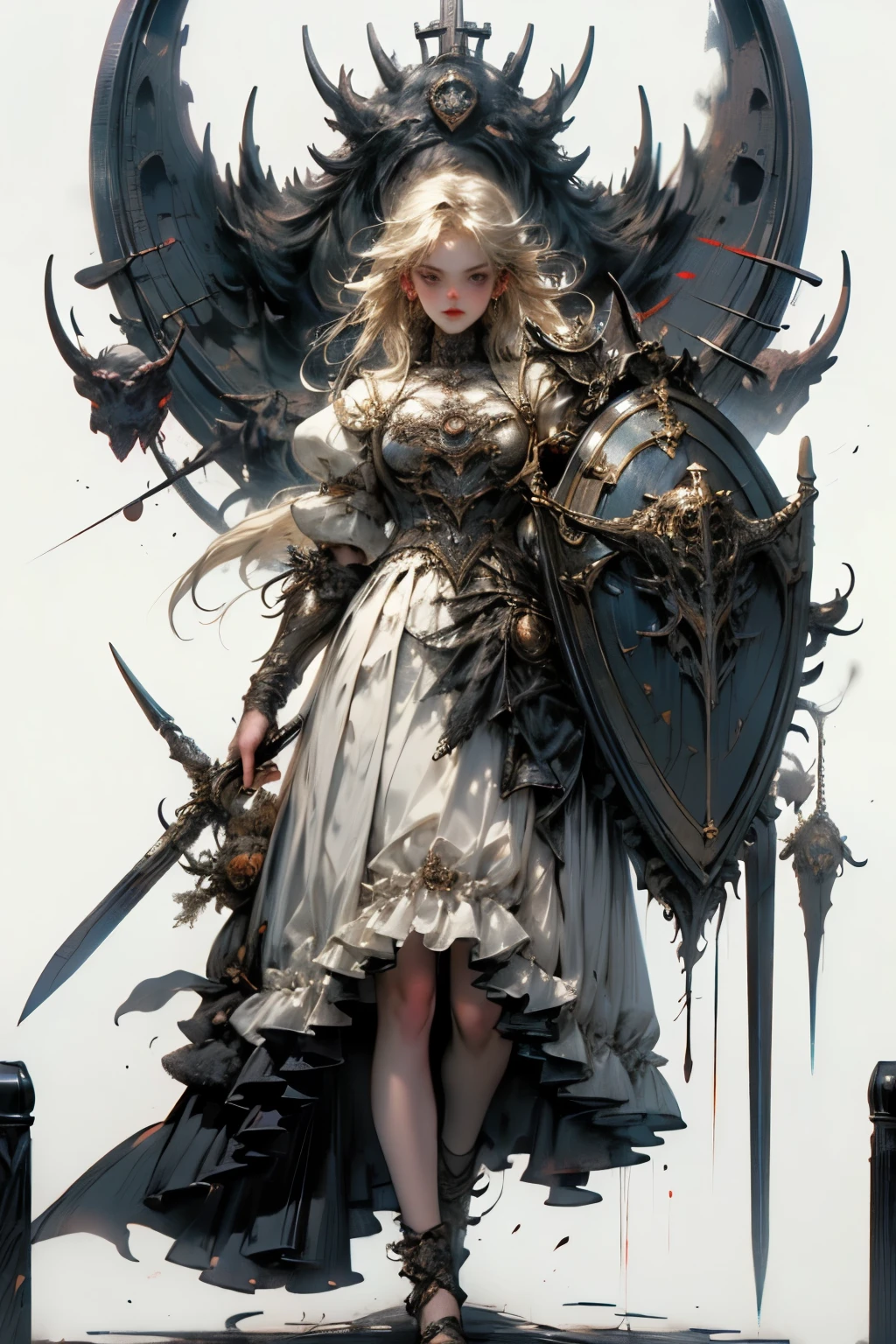 ((best quality)), ((masterpiece)), (detailed), perfect face ((best quality)), ((masterpiece)), (detailed), blank white background, plain background, white background, Bloodborne inspired,  occult aesthetic, occult, detailed and intricate steampunk and detailed gothic, NSFW, Very dramatic and cinematic lighting, cosmic horror, grim-dark, side-lighting, perfect face, a beaituful goddess adorned and enshrined in armour, Bloodborne inspired , occult aesthetic, occult, detailed and intricate steampunk and detailed gothic, wielding a sword and holding a shield, NSFW, Fluttering lace flared long knee length dress with frilly petticoats, knee length dress, pleated petticoats, lolita dress, petticoats gothic lolita, side-lighting, gothic lolita aesthetic, beautiful small breasts, small breasts, full body, whole body, body, plain background, white background, blank background, no background, white background NSFW, full body, whole body, head-to-toe