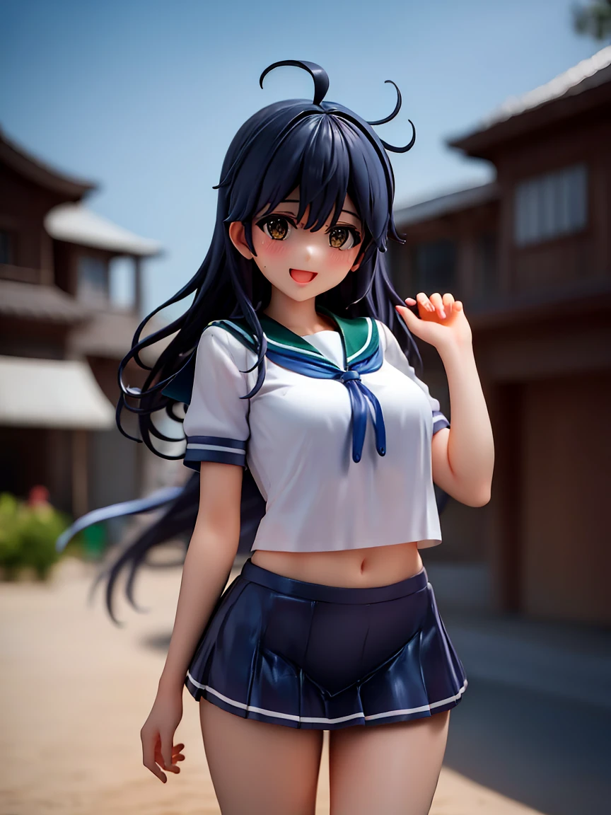 Portrait, official art, best masterpiece, best quality, best resolution, 8K, best detailed, perfect anatomy
BREAK
(ushio_kantaicollection), long_hair, black_hair, ahoge, brown_eyes, serafuku, blue_sailor_collar, sailor_collar, school_uniform, blue_skirt, cardigan, skirt, hairband, pleated_skirt, white_hairband, hair_between_eyes, large_breasts, (short stature)
BREAK 
cowboy shot, Portrait, look back, arms behind back, head tilt
BREAK
(happy smile), open mouth
BREAK
outdoor, city, sunlight, dust, dust, light particles, very detailed 16KCG wallpapers