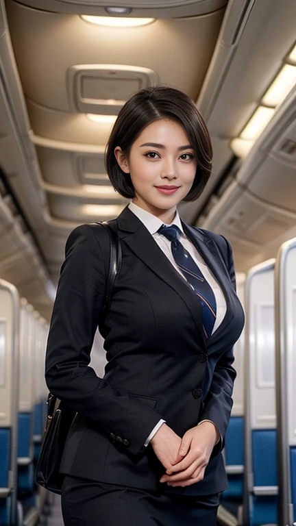 1beautiful womanl, 28years、hyperdetailed face、Detailed lips、A detailed eye、double eyelid、(Black bob hair、Smiling while walking gracefully down the aisle)、(Stewardess uniform:1.2)、((beautiful tie)) (Glamorous body)、(Colossal tits)、((short-cut hair))、(large full breasts)(big butts)(Plump body)(plump body shape)( large full breasts)(Colossal tits)((J-Cup))、highs thighs thighs thighs, Perfect fit, Perfect image realism, Background with: (Business Class aisle on airplanes:1.2), Cowboy Shot, Meticulous background, detailed costume, Perfect litthing、Hyper-Realism、(Photorealsitic:1.4)、8K maximum resolution, (masterpiece), ighly detailed, Professional