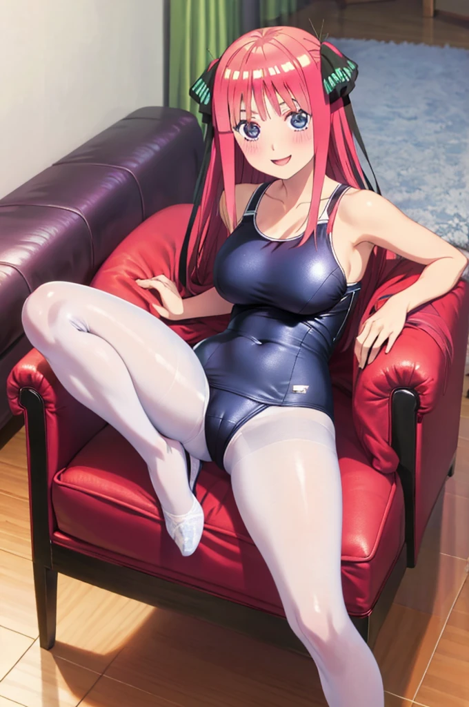 best quality, masterpiece, high quality, insanely detailed, smile, nino nakano, one-piece swimsuit, breasts, pantyhose, blush, in the living room, legs spread