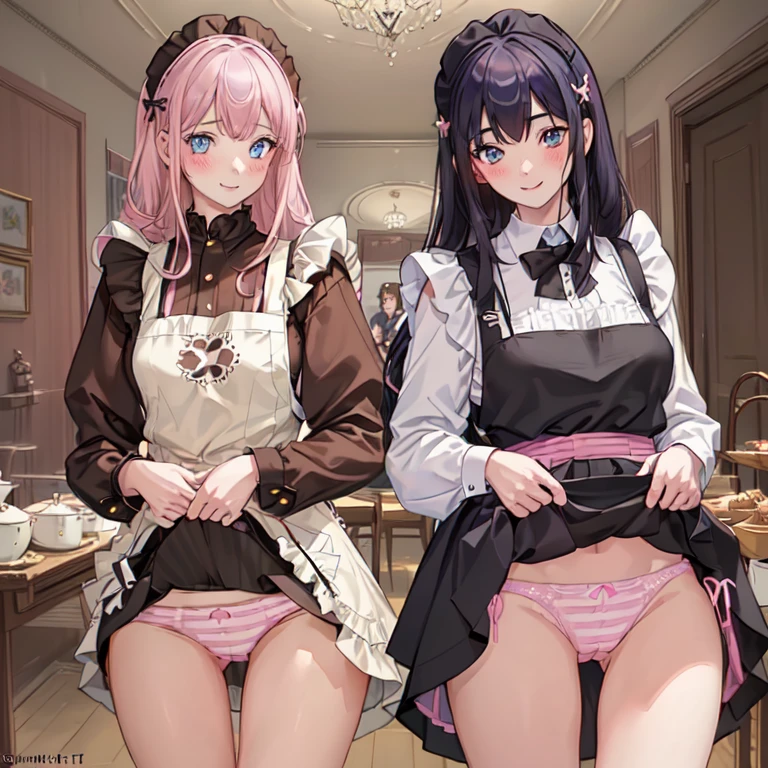 highest quality, masterpiece, ((2 girls:1.5)), ((smile:1.3)), (blush:1.3), Black Shirt, blouse, ((fun!!)), (Small breasts), Blonde, (Long sleeve), ((White apron:1.5)), ((Maid)), ((hair ornaments)), Kamimei, look at me, ((in house:1.5)), Taking a break from watching the audience, Cowboy Shot, (skirtlift:1.3), (Highly detailed pink striped panties:1.3), (Highly detailed panties:1.3), (skirt that rolls up:1.3), (Panties fully exposed:1.5), Light blue eyes, long hair, Glowing Eyes