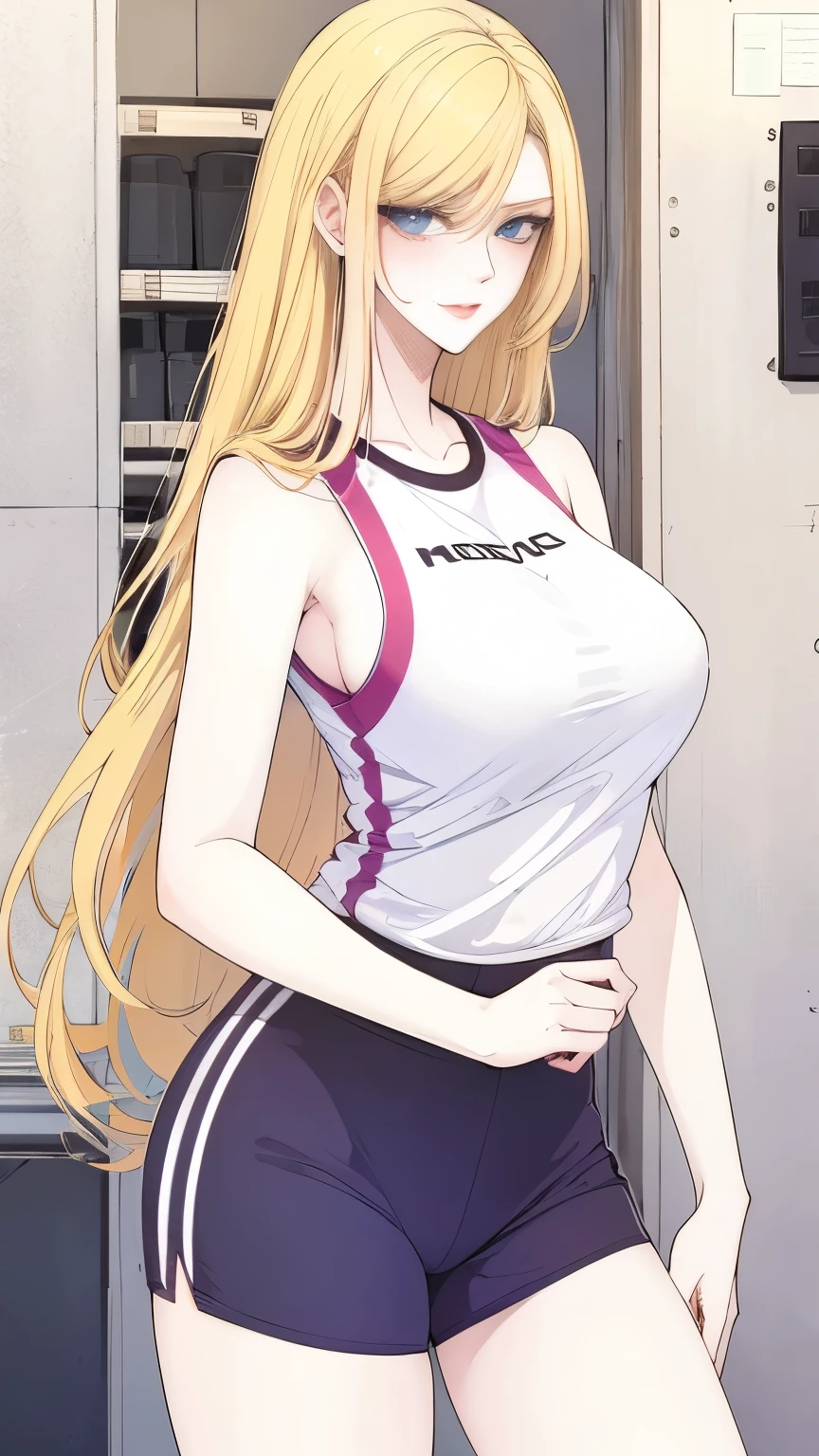 (masterpiece, best quality:1.2), 1girl, solo,mature_lady, delicate face,detail eyes,long hair, floating hair,medium breasts, upper body,,gym clothes,in female changing room,
