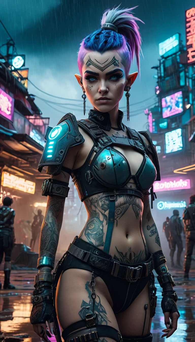 Wide shot, panoramic view, A young elf woman, in front of viewer, in a cyberpunk borderlands, intricate cyberpunk tattoos, multiple facial piercings, futuristic borderland outfit, dark sci-fi, borderlands, high-tech weapon, dramatic lighting, storm, ominous thunderstorm, cinematic composition, hyper-detailed, 8k, photorealistic, masterpiece