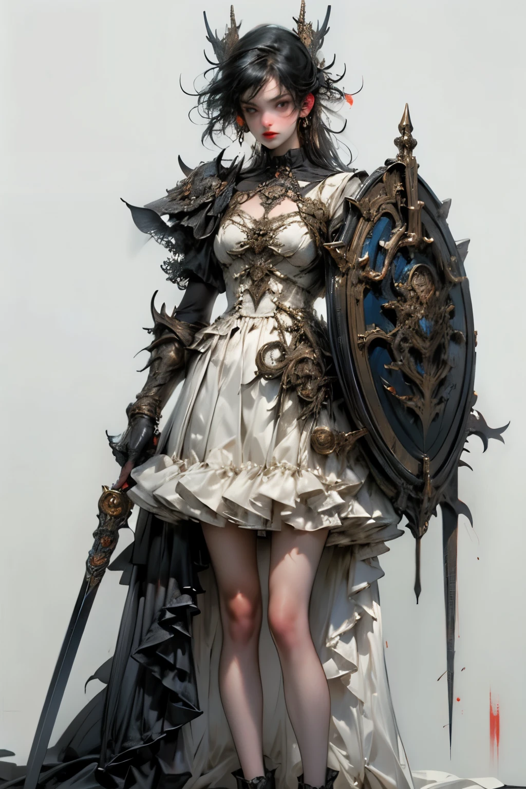 ((best quality)), ((masterpiece)), (detailed), perfect face ((best quality)), ((masterpiece)), (detailed), blank white background, plain background, white background, Bloodborne inspired,  occult aesthetic, occult, detailed and intricate steampunk and detailed gothic, NSFW, Very dramatic and cinematic lighting, cosmic horror, grim-dark, side-lighting, perfect face, a beaituful goddess adorned and enshrined in armour, Bloodborne inspired , occult aesthetic, occult, detailed and intricate steampunk and detailed gothic, wielding a sword and holding a shield, NSFW, Fluttering lace flared long knee length dress with frilly petticoats, knee length dress, pleated petticoats, lolita dress, petticoats gothic lolita, side-lighting, gothic lolita aesthetic, beautiful small breasts, small breasts, full body, whole body, body, plain background, white background, blank background, no background, white background NSFW, full body, whole body, head-to-toe