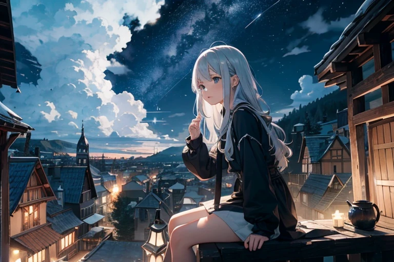 「octant seat、null、star（null）、landscape、starnull、night、Girl with silver hair、nightnull、solo、Outdoor、building、cloud、milky way、Sitting、wood、Long Hair、Town、silhouette、Townのlandscape　Looking up

