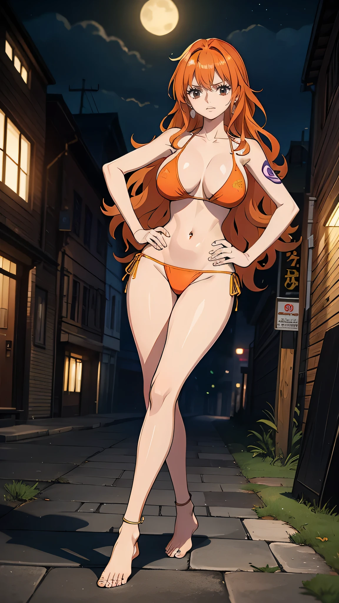 Masterpiece, best quality, Masterpiece, best quality, 1 woman, wavy orange hair , eyes are green. , The face is smooth.. , purple bikini , big breasts , abdomen , Long legs , Put your hands on your hips.. , Barefoot , full body , abandoned factory , at night