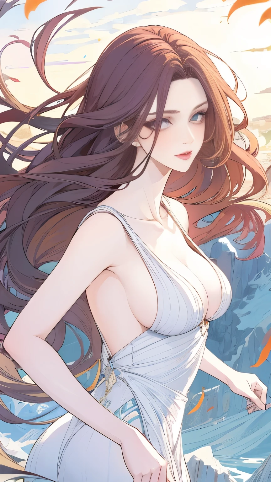 (masterpiece, best quality:1.2), 1girl, solo,mature_lady, delicate face,detail eyes,long hair, floating hair,medium breasts, upper body,,evening gown,in the mountain