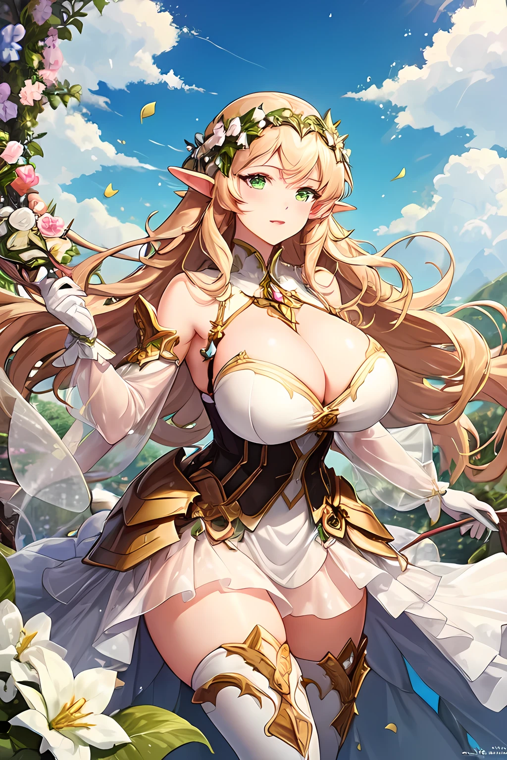 masterpiece, best quality, anime, bishojo, huge breasts, elf, blonde hair, green eyes, flowers, long hair, thighhigh, dress, cleavage, elven, leaf, see through,