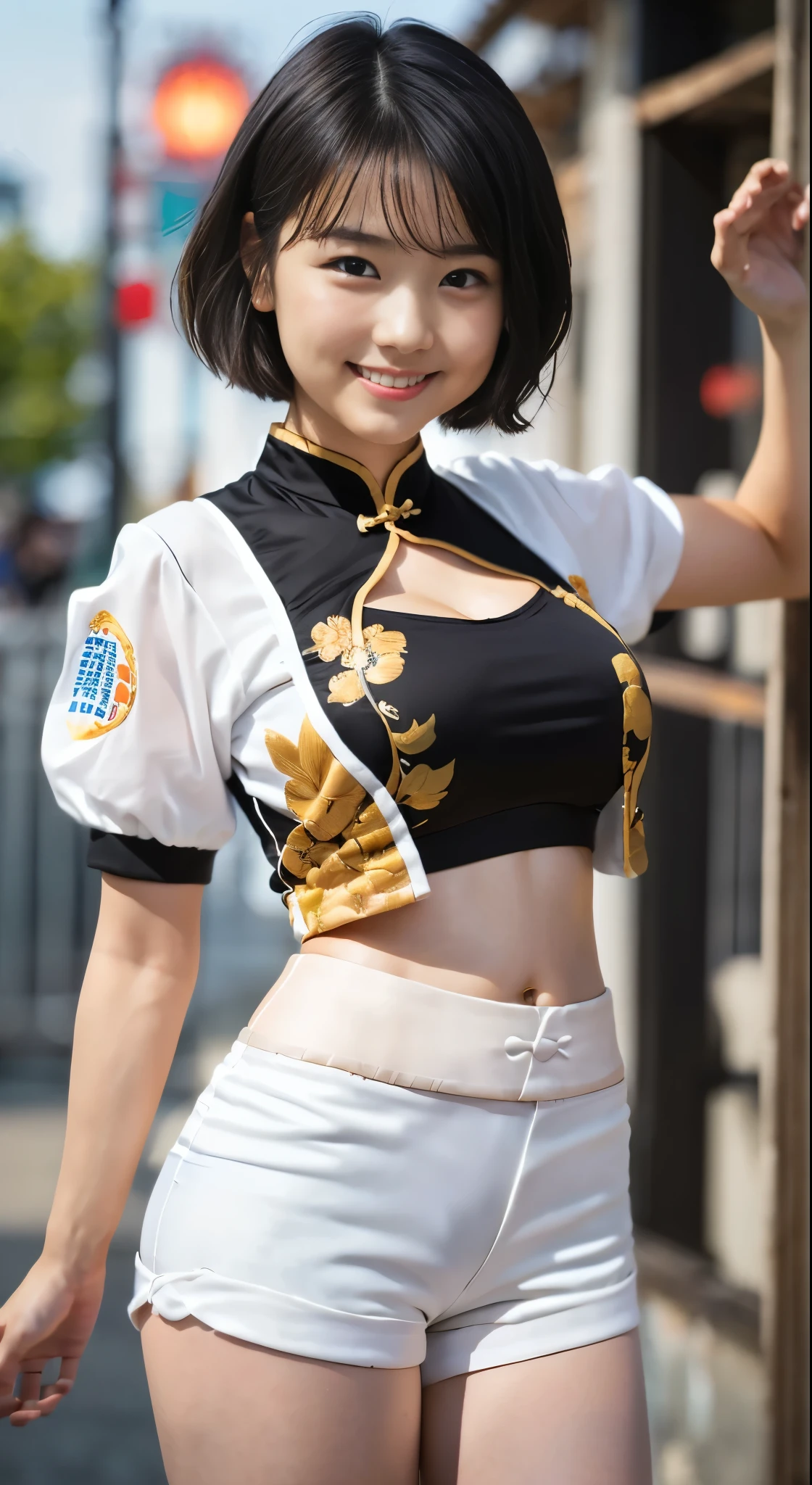 (8k、Raw photography、highest quality、masterpiece:1.2),(Black-haired、Very short hair:1.8),(ponytail:1.3)、View your audience,Viewed from the front,White skin,(Chinese style clothing:1.4)、(Tight waist:1.6)、(Clothes that accentuate the shape of the breasts:1.0)、(Big Breasts :1.3)、Slim figure、Ultra-high resolution,beautiful,beautiful fece,(one person、No background:1.9),whole bodyボディー,Japanese women,(reality的:1.37)、Photon Mapping,reality、(Baby-faced and cute: 1.4)、(Cute Smile: 1.8)、(Round face: 1.8)、Radio City、Physically Based Rendering、Depth of field rally background、photograph, (I can see your knees、Very short white shorts、Thigh close-up:1.8),(:1.4),whole body、Great quality