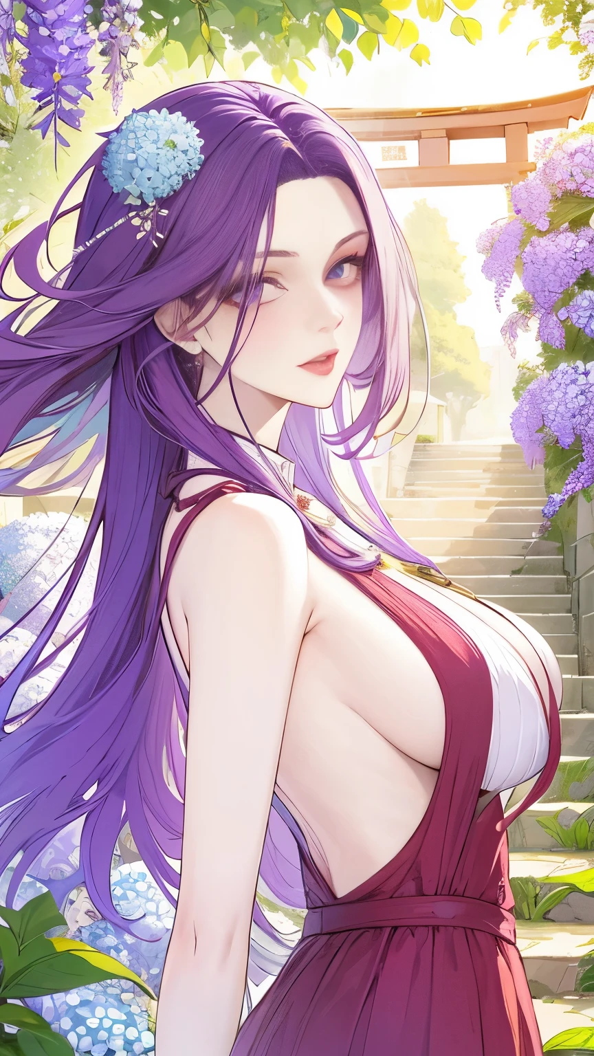 (masterpiece, best quality:1.2), 1girl, solo,mature_lady, delicate face,detail eyes,long hair, floating hair,medium breasts, upper body,,santa clothes,Wallpaper Fusion, dappled sunlight, day, flower, hydrangea, leaf, light rays, nature, outdoors, path, plant, purple flower, scenery, stairs, sunlight, torii, tree, wisteria