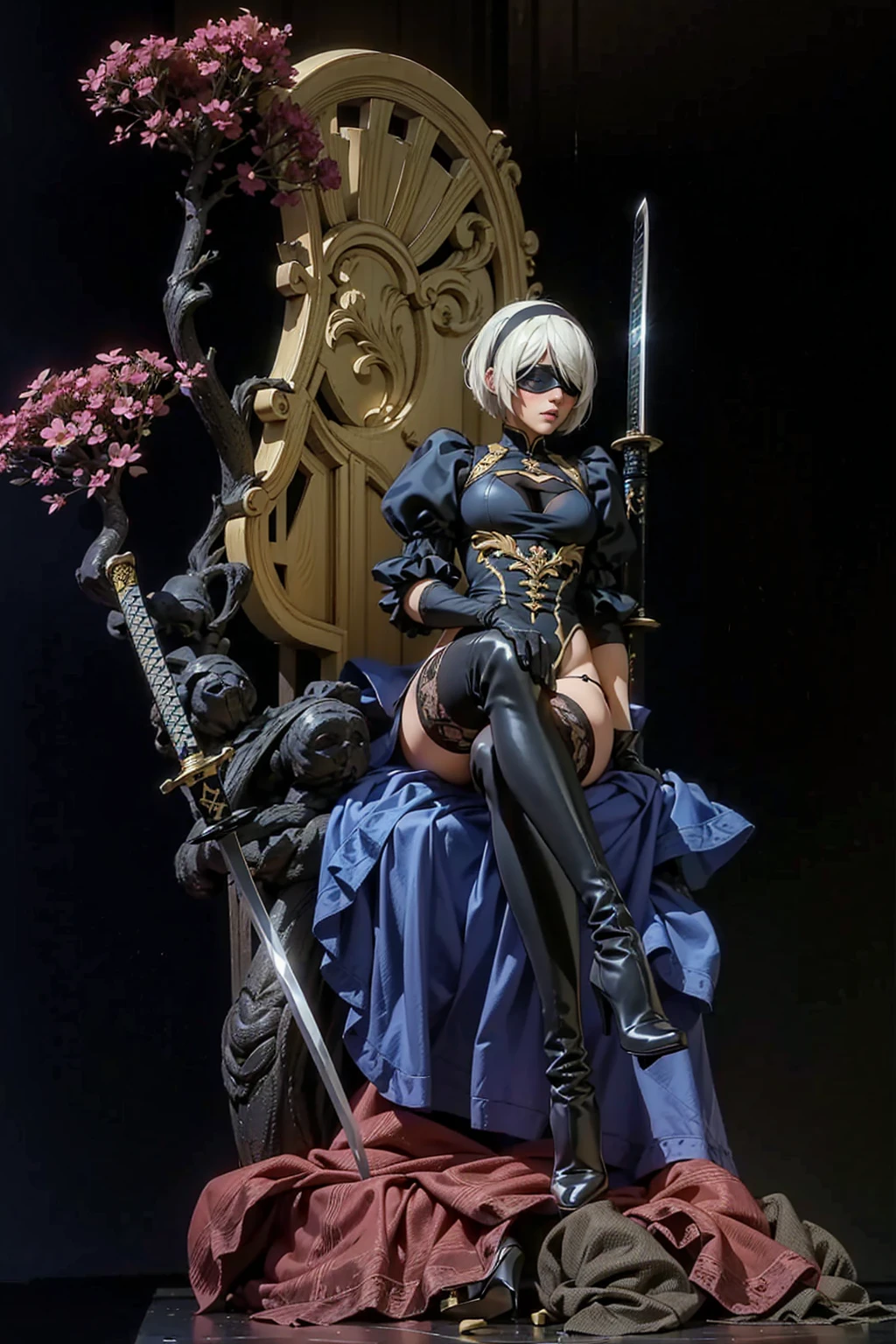 2B, 1girl, solo, short hair, thighhighs, gloves, long sleeves, dress, holding, cleavage, medium breasts, standing, full body, weapon, white hair, hairband, boots, puffy sleeves, sword, black thighhighs, black footwear, holding weapon, mole, black dress, high heels, leotard, clothing cutout, thigh boots, holding sword, cleavage cutout, katana, black hairband, juliet sleeves, mole under mouth, facing viewer, high heel boots, blindfold, covered eyes, black blindfold, feather-trimmed sleeves, masterpiece, sitting, sitting on a throne, legs crossed, cherry tree, blue pillow