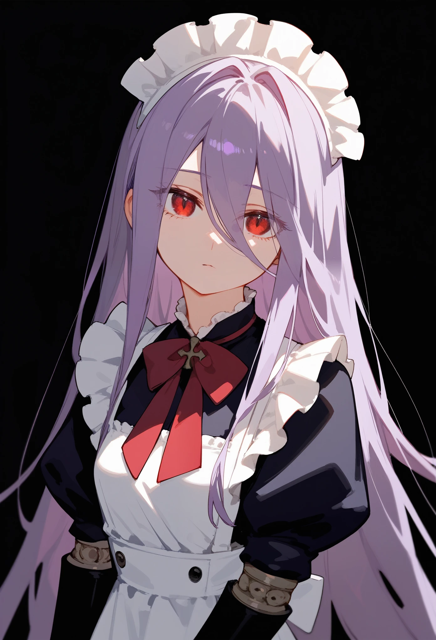 (score_9, score_8_up, score_7_up), 1girl, Upper body, maid outfit, absurdly long hair, light purple hair, long bangs, hair between eyes, eyes visible through hair, red eyes, doll joints, looking at viewer, neutral, innexpressive, small breasts, standing, arms on sides, head tilt, black background, simple background