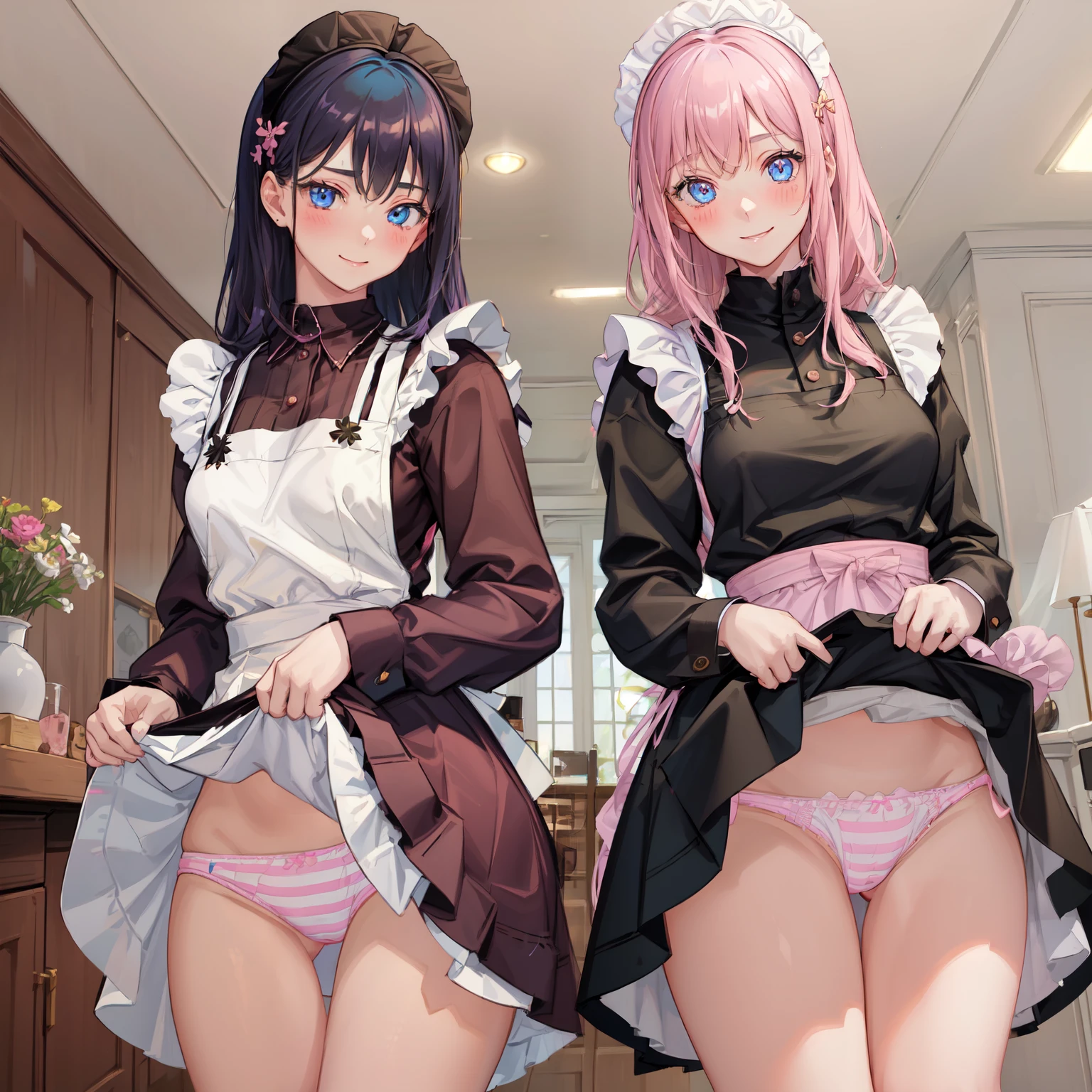 highest quality, masterpiece, ((2 girls:1.5)), ((smile:1.3)), (blush:1.3), Black Shirt, blouse, ((fun!!)), (Small breasts), Blonde, (Long sleeve), ((White apron:1.5)), ((Maid)), ((hair ornaments)), Kamimei, look at me, ((in house:1.5)), Taking a break from watching the audience, Cowboy Shot, (skirtlift:1.3), (Highly detailed pink striped panties:1.3), (Highly detailed panties:1.3), (skirt that rolls up:1.3), (Panties fully exposed:1.5), Light blue eyes, long hair, Glowing Eyes