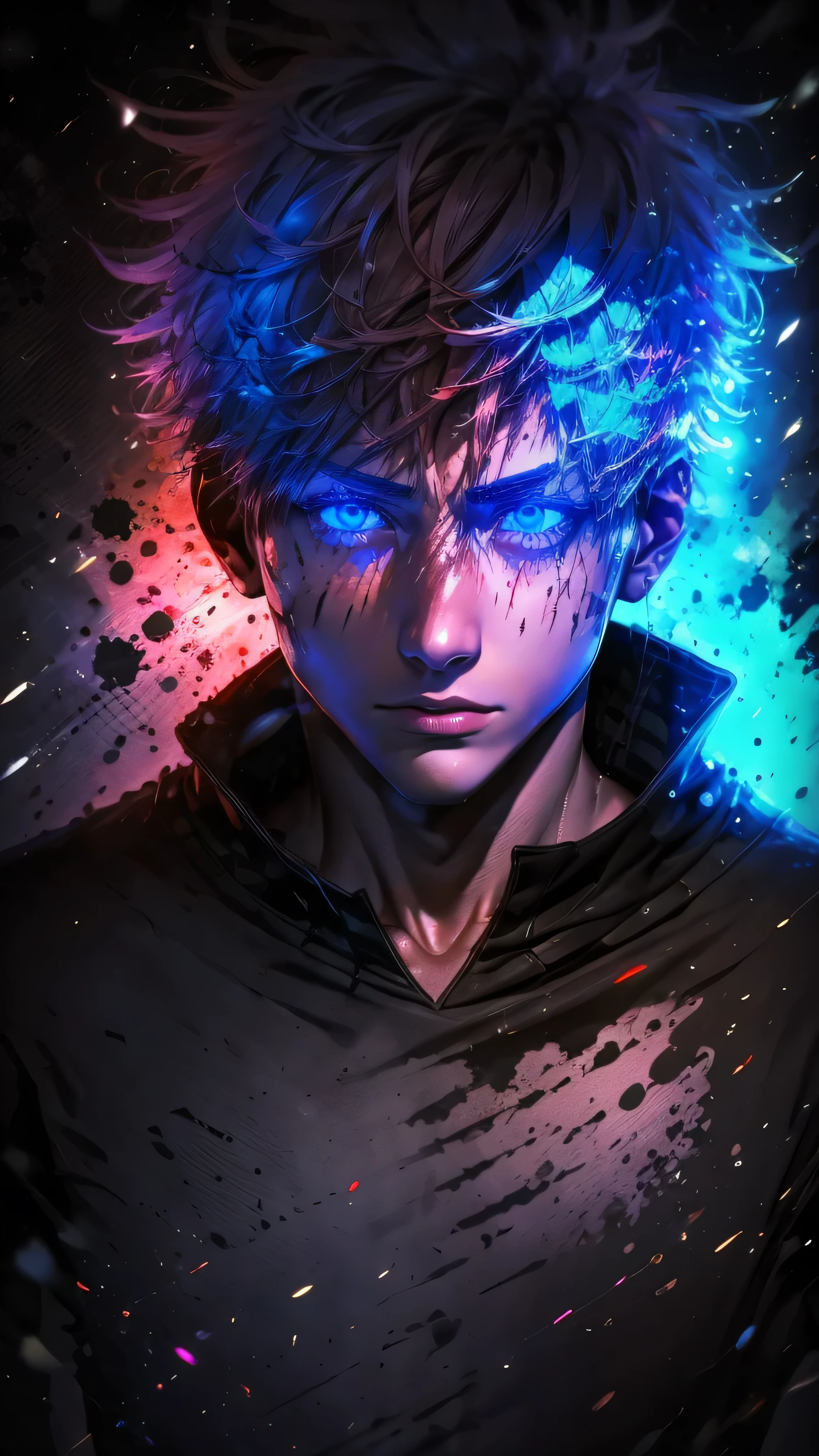 masterpiece, best quality, (extremely detailed CG unity 8k wallpaper, masterpiece, best quality, ultra-detailed, best shadow), (detailed background), (beautiful detailed face, beautiful detailed eyes), High contrast, (best illumination, an extremely delicate and beautiful),1girl,((colourful paint splashes on transparent background, dulux,)), ((caustic)), dynamic angle,beautiful detailed glow,full body, blood splash on face. , realistic anime 3 d style, seductive anime boy, anime realism style, attractive anime boy,beautiful alluring anime men, looking gojo satoru , ((gojo satoru)) gojo satoru of Jujutsu Kaisen, whole body, bloody,