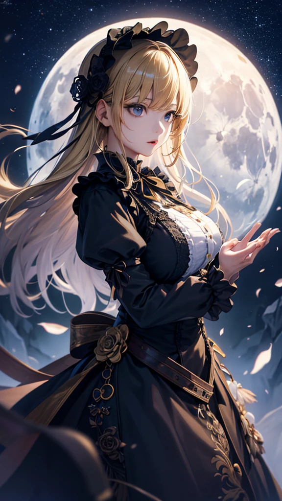 masterpiece, high quality, 4K, Beautiful design, silhouette,blonde, 非常に詳細な夜のStarry Sky,Flower Field, wonderful, Finer details, Very knowledgeable woman, Highly detailed solo, 1 female,Big Breasts,Gothic ta Fashion,Night view,Starry Sky,full moon,