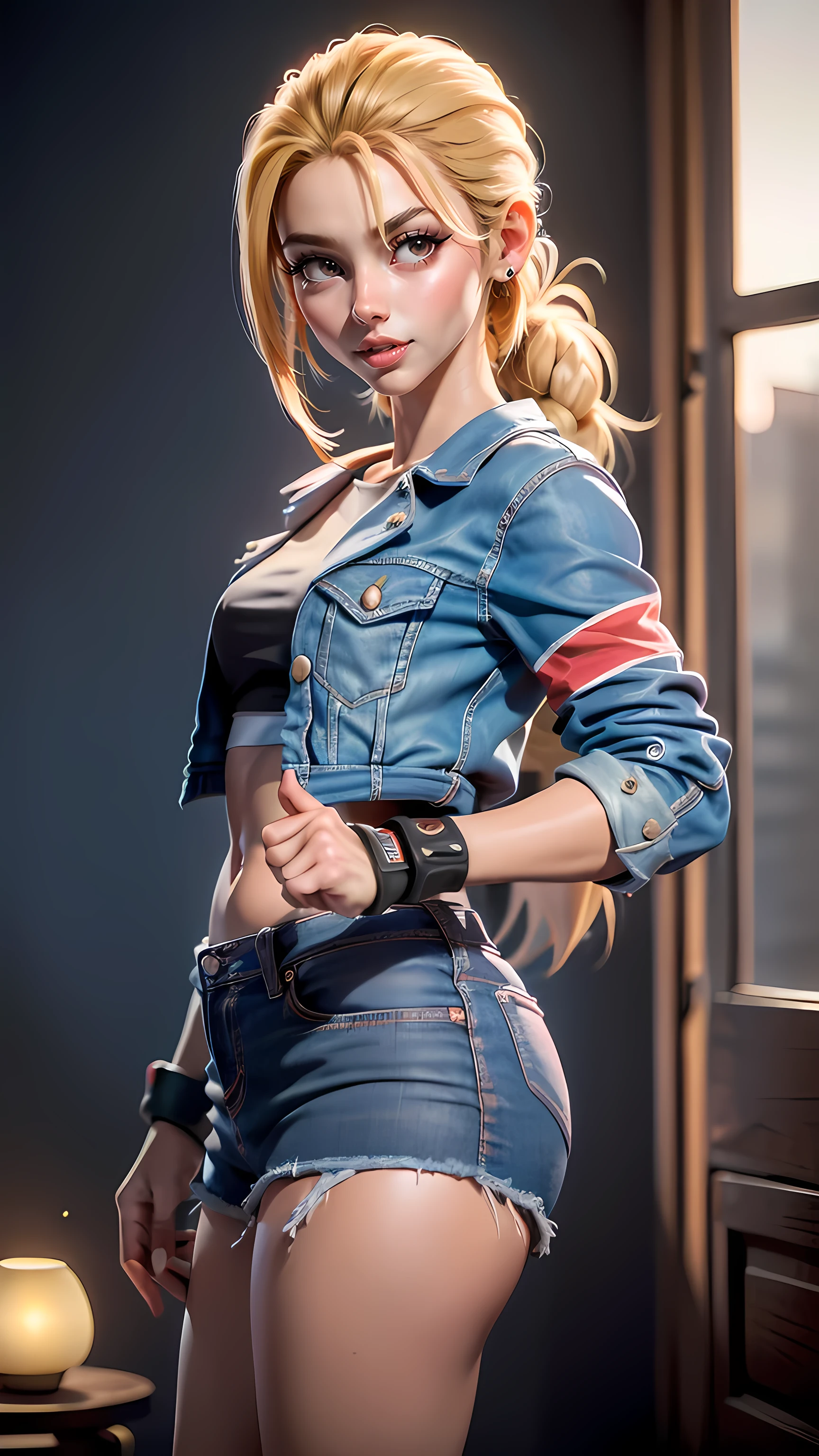 ((mejor calidad)), ((obra maestra)), ((realista)) and ultra detailed photography of a Cammy, (realista:1.2), (realism), (obra maestra:1.2), (mejor calidad), (ultra detallado),(8K, 4k, Intrincado),light particles, Encendiendo, (muy detallado:1.2), black camisa, white Camiseta sin mangas, blusa, escote, clavicle, denim, denim bermudas, chaqueta, mangas largas, ((ropa abierta)), open chaqueta, partially descomprimido, blue chaqueta, camisa, short bermudas, bermudas, Camiseta sin mangas, track chaqueta, descomprimido, ((Pechos grandes, Caderas grandes, ropa ajustada, escote, Mirando al espectador)), (abdominales:0.8), Enrojecido, debajo del pecho (realista:1.2), (realism), (obra maestra:1.2), (mejor calidad), (ultra detallado), (8K, 4k, Intrincado),(85mm),light particles, Encendiendo, (muy detallado:1.2),(cara detallada:1.2), (gradientes), vistoso,(ojos detallados:1.2),(antecedentes detallados),paisaje detallado, (dynamic angle:1.2), (regla de tercero_composition:1.3), (Line of action:1.2)