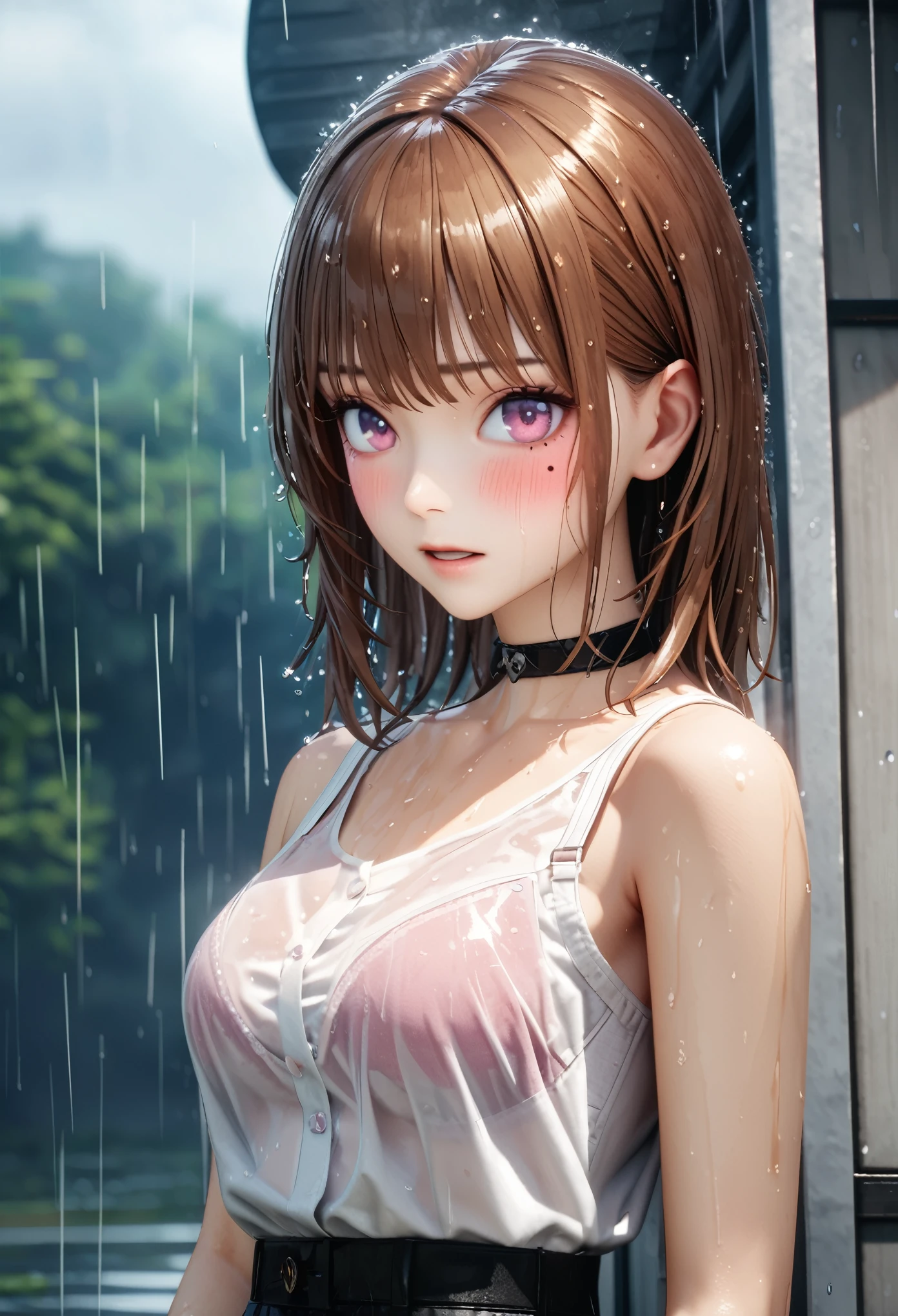 masterpiece, best quality, highly detailed, high resolution, expensive resolution, high resolution, 4K, 8k, Unity 8k wallpaper, highly detailed CG, masterpiece, 2D, 3D, beautiful details, depth, fine texture, best quality: 1.3, perfect focus, clear skin, him, rain, wet, wet clothes: 1.2
Very cute anime girl, (bra visible through white blouse wet with pouring rain, miniskirt), large breasts, expensive brown hair, one girl, rain, (raindrops dripping from wet hair, bra visible through thin blouse wet with rain, miniskirt), mole under eye, looking at viewer, expensive, blush, mole, open lips, heart, pink eyes, choker, white transparent bra