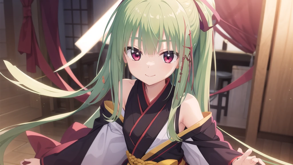 ((masterpiece)),(best quality),Official Art,Extremely detailed CG,Unity 8k Wallpaper,Super detailed,Beautiful and delicate eyes,Extremely detailed face,1 girl,solitary,,(whole body:1.5),(small:1.3),,,Murasame,Very long hair,Green Hair,Face Up,Purple bow,hairpin,Side chains,Bangs,Red Eyes,Neck strap,Red belt,Elegant and beautiful，Long sleeves hanfu，Wearing Hanfu，Gentle as a poem，Long Ponytail，Her eyelashes，Curved mouth corners，Smiled at me without warning。”