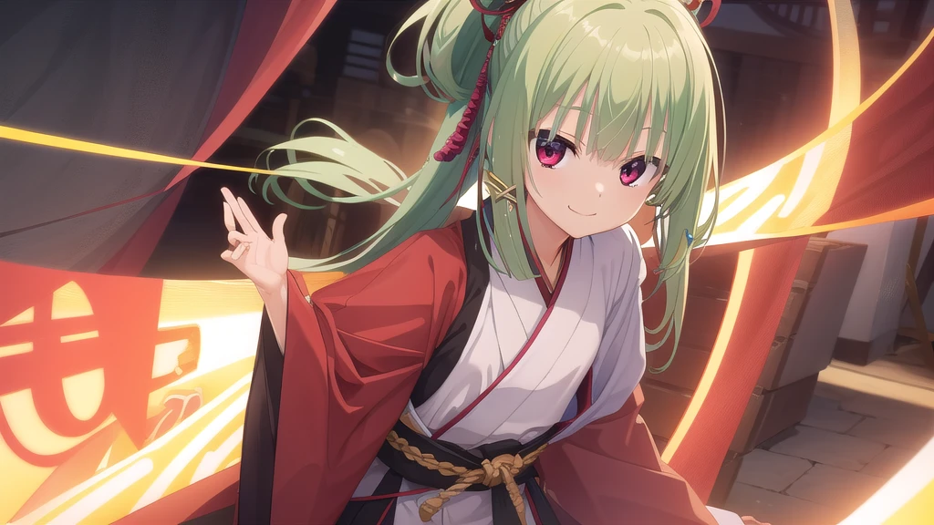 ((masterpiece)),(best quality),Official Art,Extremely detailed CG,Unity 8k Wallpaper,Super detailed,Beautiful and delicate eyes,Extremely detailed face,1 girl,solitary,,(whole body:1.5),(small:1.3),,,Murasame,Very long hair,Green Hair,Face Up,Purple bow,hairpin,Side chains,Bangs,Red Eyes,Neck strap,Red belt,Elegant and beautiful,Long sleeves hanfu,Wearing Hanfu,Gentle as a poem,Long Ponytail,Her eyelashes,Curved mouth corners,Smiled at me without warning。”