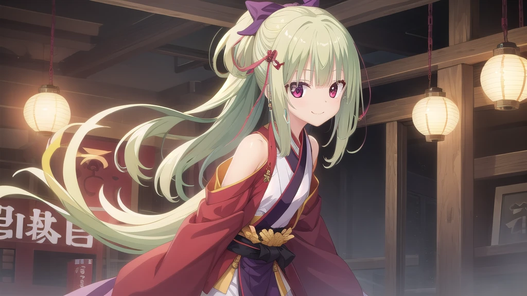 ((masterpiece)),(best quality),Official Art,Extremely detailed CG,Unity 8k Wallpaper,Super detailed,Beautiful and delicate eyes,Extremely detailed face,1 girl,solitary,,(whole body:1.5),(small:1.3),,,Murasame,Very long hair,Green Hair,Face Up,Purple bow,hairpin,Side chains,Bangs,Red Eyes,Neck strap,Red belt,Elegant and beautiful，Long sleeves hanfu，Wearing Hanfu，Gentle as a poem，Long Ponytail，Her eyelashes，Curved mouth corners，Smiled at me without warning。”