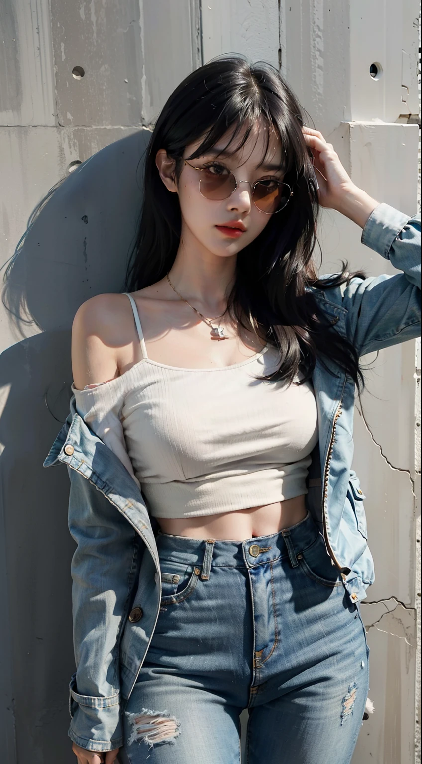 young woman black bangs hair, look at viewer, wearing sunglasses, sexy face expression, kawai, pov, 24 years old, bright eye, pastel art, bare shoulder, jacket,  legs up, long wreaked jeans, high detail eyes make up, necklace, stand beside wall, sunlight, dinamic light, cute detailed digital art, exquisite digital, highly detailed digital painting, cgsociety, ultrarealistic