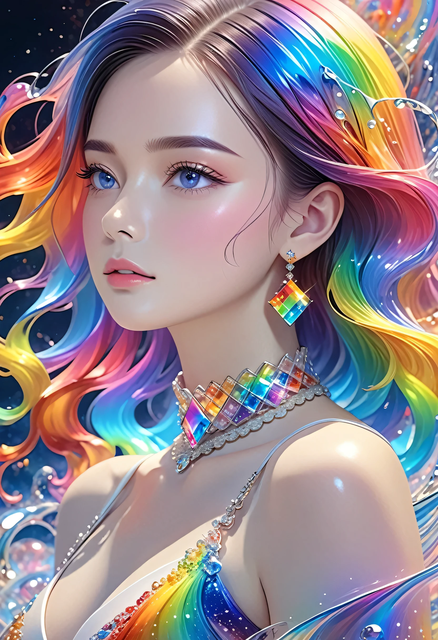 A beautiful young woman,Extremely detailed,Rich details,Jewelry,Jewelry,have, Mysterious Waves at Night. 3D. Rainbow Colors. The beauty of the melting universe. Surrealism in Nebula Reflections,32k