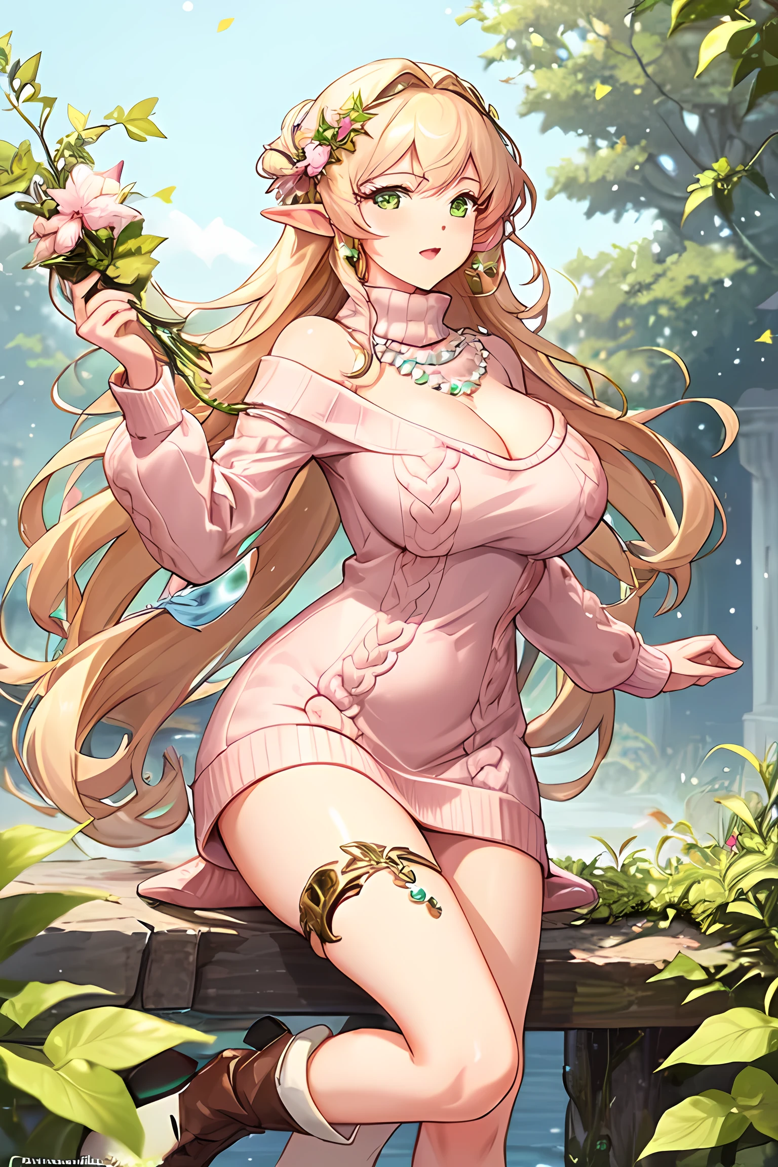 masterpiece, best quality, anime, 1girl, bishojo,cowboy shot, closed mouth, huge breasts, leaf, elf, blonde hair, green eyes, long hair, thighhigh, cleavage, elven, leaf, ((Modest Elegance: Late 20s woman wears a knee-length, pastel pink sweater dress with a high neck and long sleeves. She pairs it with white ankle boots and a pearl necklace.))