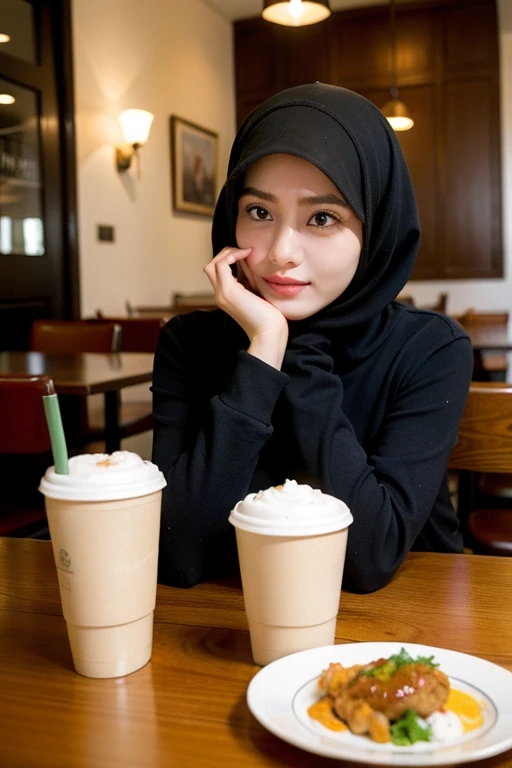 ((best quality)), ((masterpiece)), (detailed), perfect face, dating, hijab girl, beautiful, restaurant, dinner, beverage, coffee, malay, romantic environment, hoodie,0.5 view, big table,