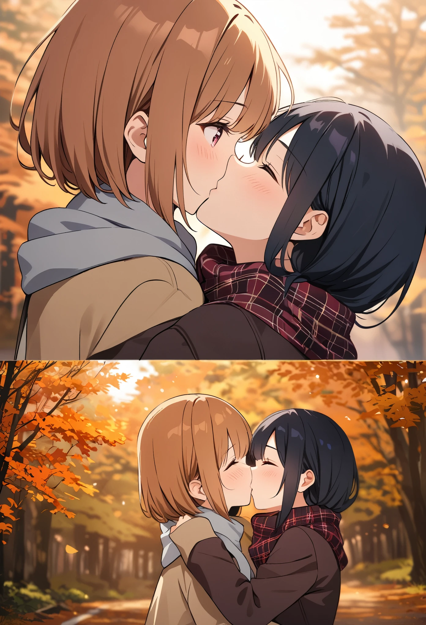 8k,Wide-angle lens,Top image quality,masterpiece,best quality,Photography UI,Nostalgia filter,(Two girls hugging and kissing),Scarves and sweaters,Upper Body,Face to Face,Aesthetic,dark feeling,Background blur,Forest background,Ogiya,autumn